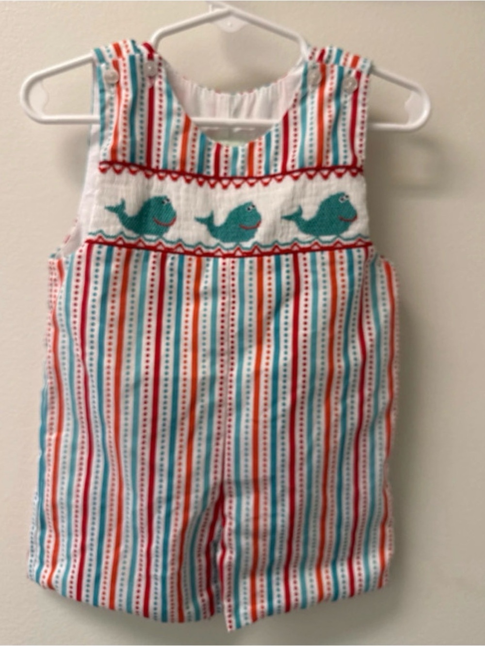 Be Mine- Striped Whale Smocked Baby Romper - Teal & Coral - 12 mo